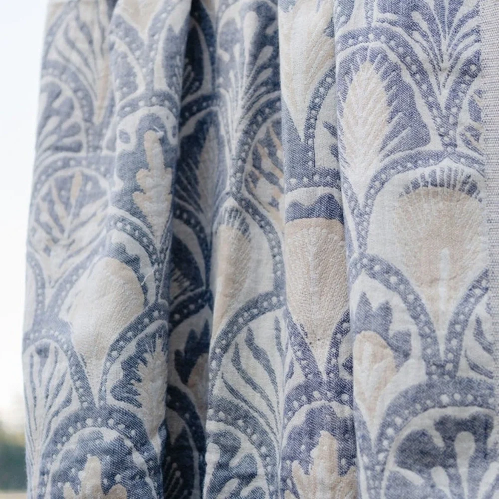 Succulents Blue Woven Cotton 2-in-1 Blanket Towel • Privacy Curtain Shower 4 PC